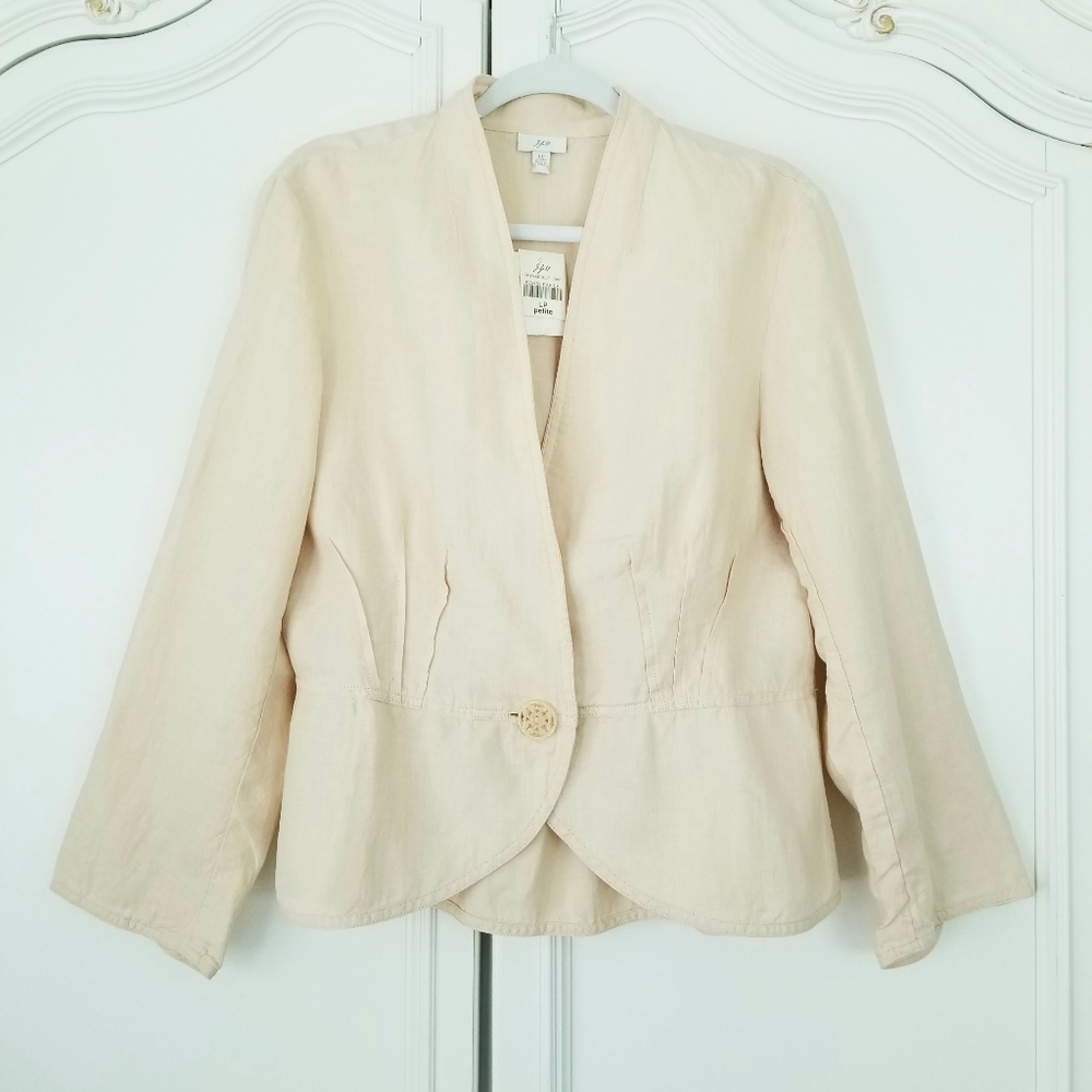 J. Jill Beige Linen Creme Brulee Fitted One Button Jacket Large Petite NWT